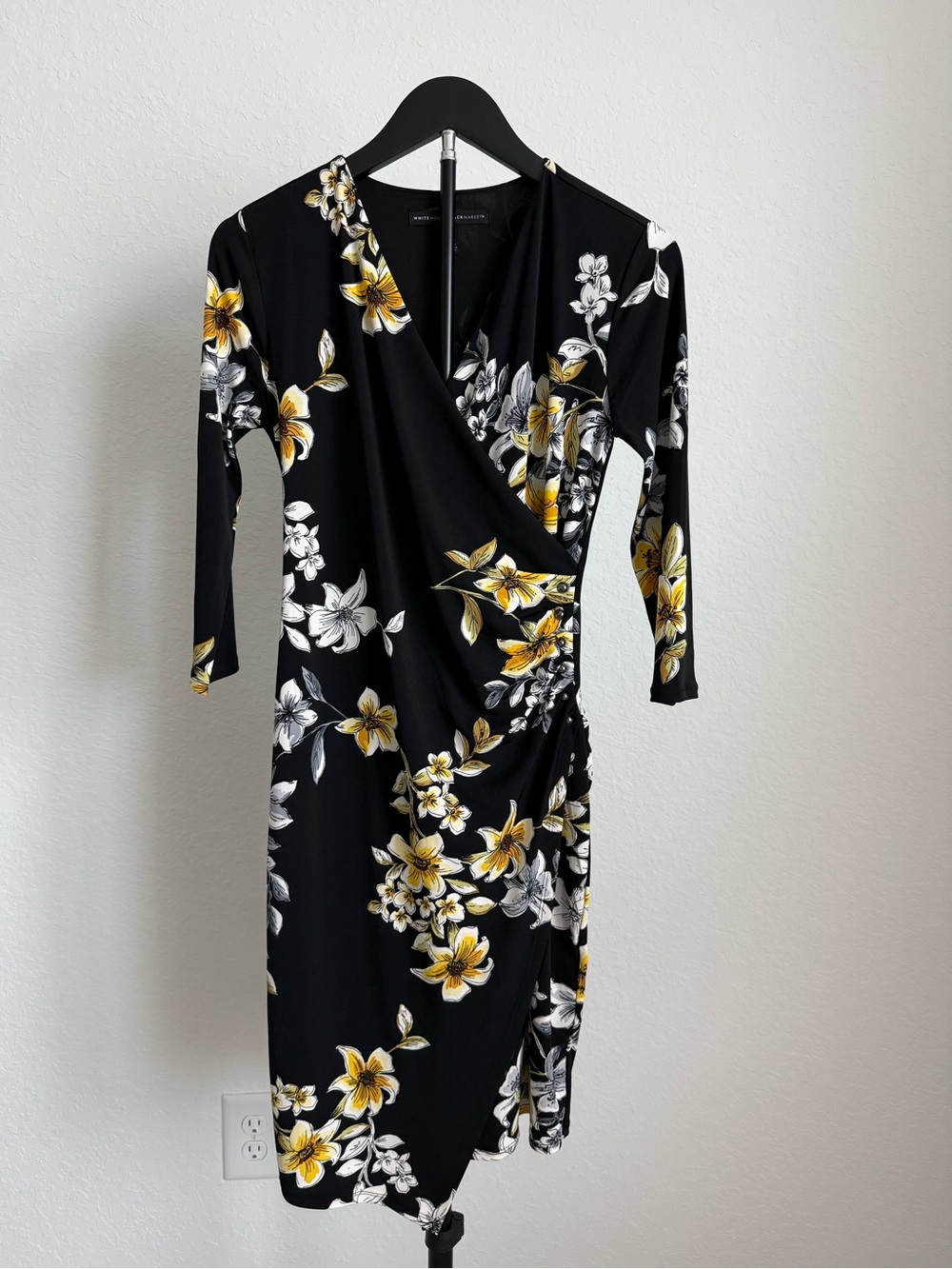 Black Floral Wrap Dress with Yellow Accents